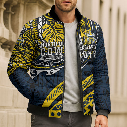 Personalised North Queensland Cowboys Bomber Puffer Jacket Polynesian Tribal Art Style With Powerful Blue Heeler Mascot