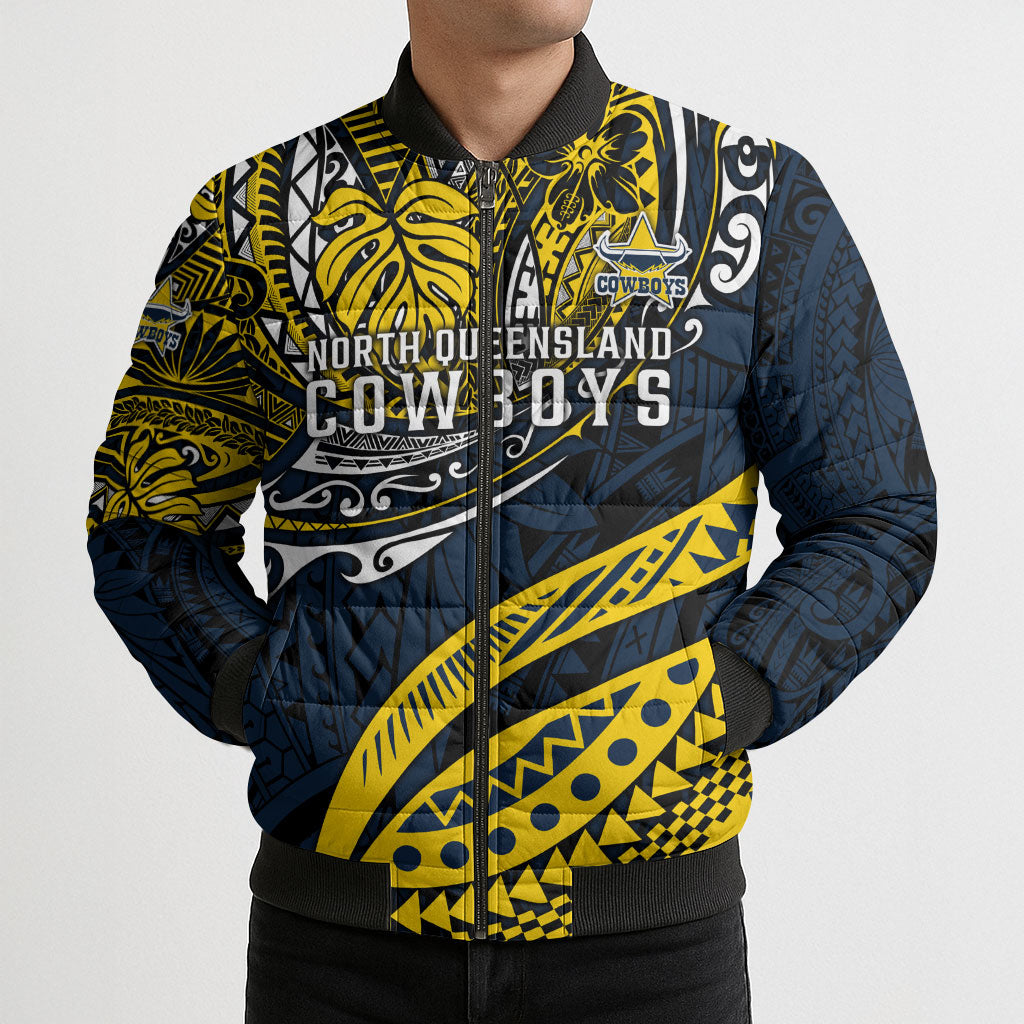 Personalised North Queensland Cowboys Bomber Puffer Jacket Polynesian Tribal Art Style With Powerful Blue Heeler Mascot