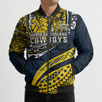 Personalised North Queensland Cowboys Bomber Puffer Jacket Polynesian Tribal Art Style With Powerful Blue Heeler Mascot