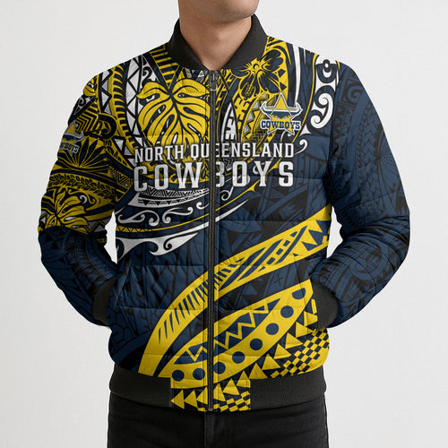 Personalised North Queensland Cowboys Bomber Puffer Jacket Polynesian Tribal Art Style With Powerful Blue Heeler Mascot