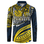 Personalised North Queensland Cowboys Button Sweatshirt Polynesian Tribal Art Style With Powerful Blue Heeler Mascot