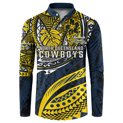 Personalised North Queensland Cowboys Button Sweatshirt Polynesian Tribal Art Style With Powerful Blue Heeler Mascot