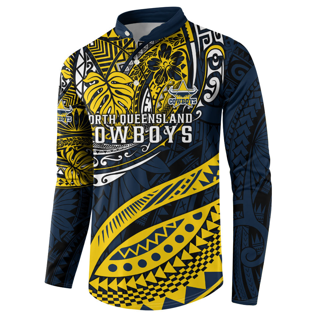 Personalised North Queensland Cowboys Button Sweatshirt Polynesian Tribal Art Style With Powerful Blue Heeler Mascot