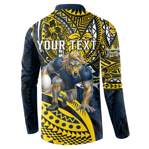 Personalised North Queensland Cowboys Button Sweatshirt Polynesian Tribal Art Style With Powerful Blue Heeler Mascot