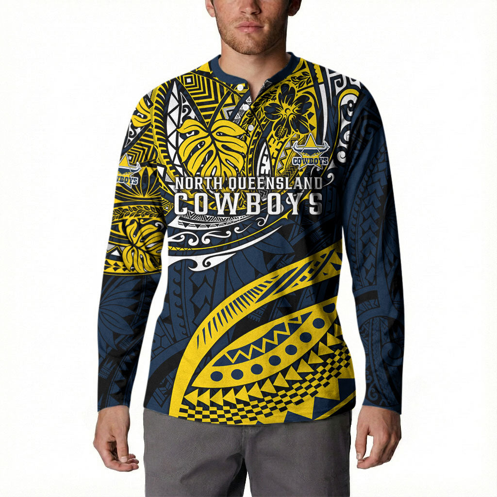Personalised North Queensland Cowboys Button Sweatshirt Polynesian Tribal Art Style With Powerful Blue Heeler Mascot