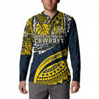 Personalised North Queensland Cowboys Button Sweatshirt Polynesian Tribal Art Style With Powerful Blue Heeler Mascot
