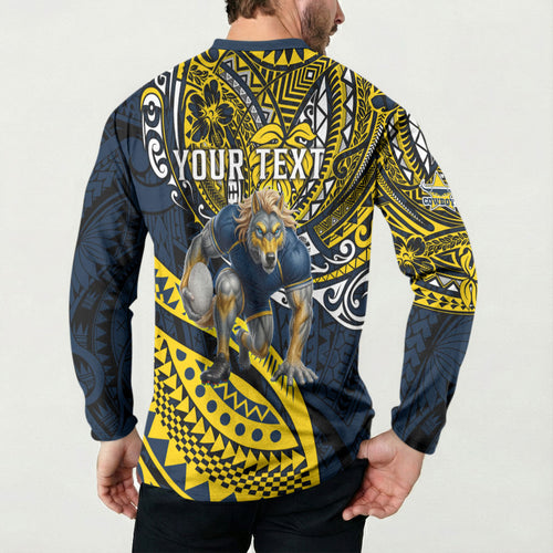 Personalised North Queensland Cowboys Button Sweatshirt Polynesian Tribal Art Style With Powerful Blue Heeler Mascot