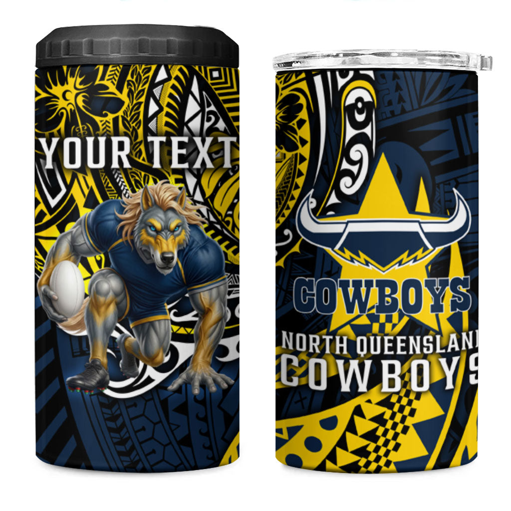 Personalised North Queensland Cowboys 4 in 1 Can Cooler Tumbler Polynesian Tribal Art Style With Powerful Blue Heeler Mascot