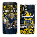Personalised North Queensland Cowboys 4 in 1 Can Cooler Tumbler Polynesian Tribal Art Style With Powerful Blue Heeler Mascot