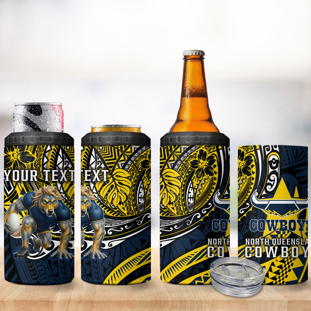 Personalised North Queensland Cowboys 4 in 1 Can Cooler Tumbler Polynesian Tribal Art Style With Powerful Blue Heeler Mascot