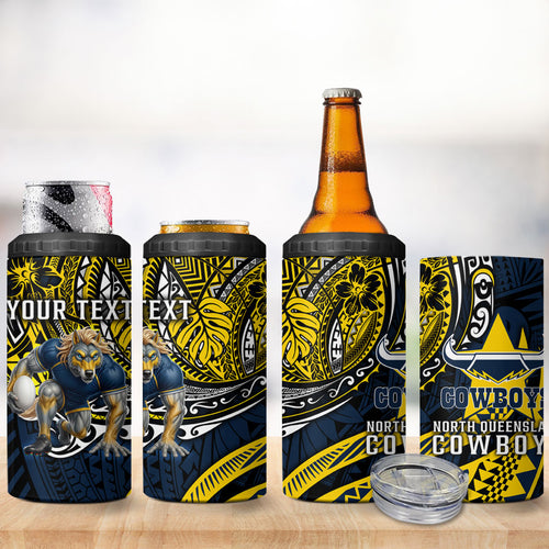 Personalised North Queensland Cowboys 4 in 1 Can Cooler Tumbler Polynesian Tribal Art Style With Powerful Blue Heeler Mascot