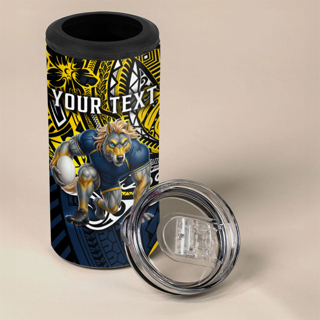 Personalised North Queensland Cowboys 4 in 1 Can Cooler Tumbler Polynesian Tribal Art Style With Powerful Blue Heeler Mascot