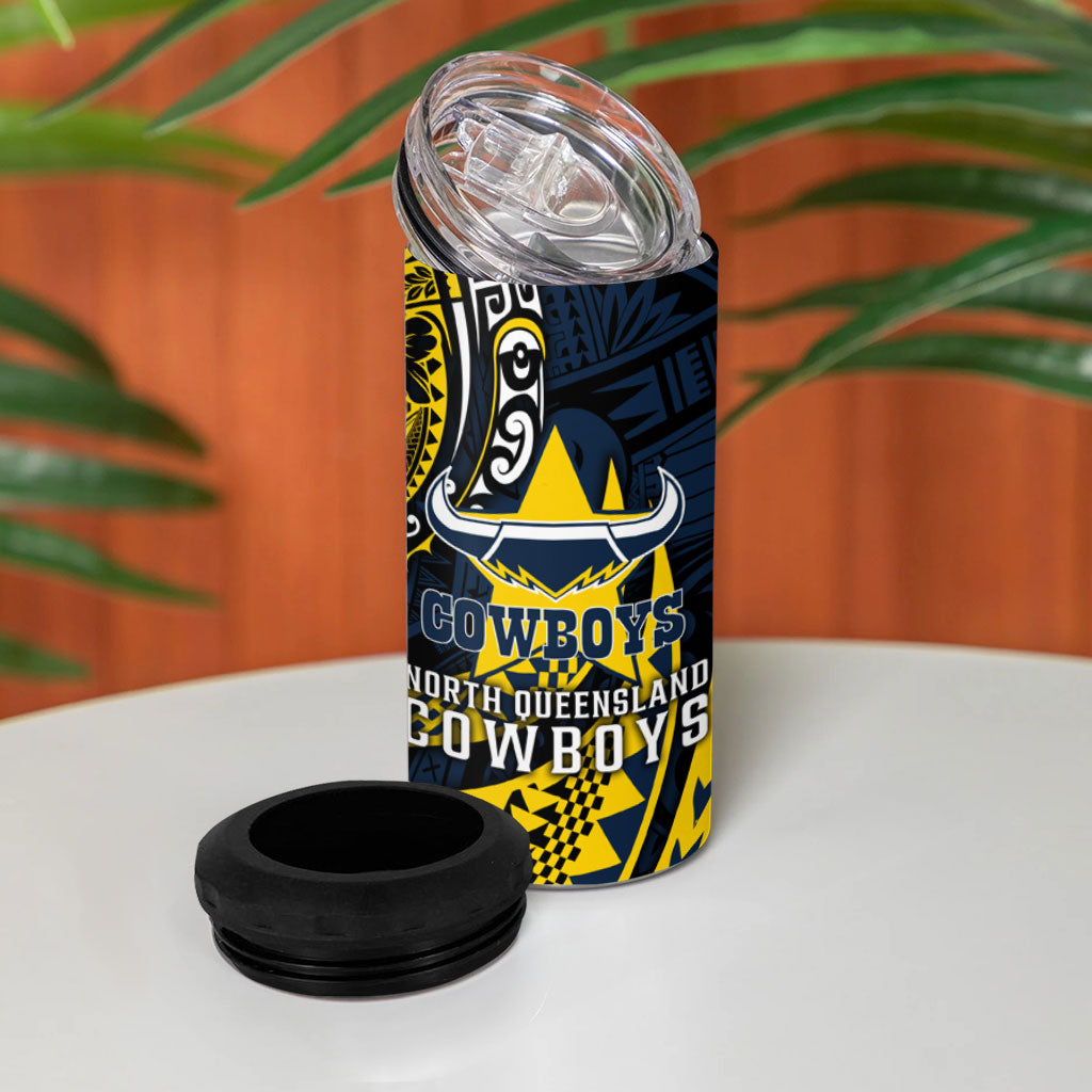 Personalised North Queensland Cowboys 4 in 1 Can Cooler Tumbler Polynesian Tribal Art Style With Powerful Blue Heeler Mascot