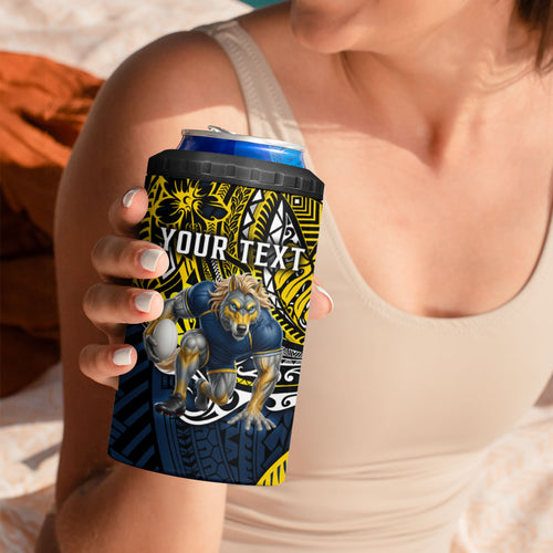 Personalised North Queensland Cowboys 4 in 1 Can Cooler Tumbler Polynesian Tribal Art Style With Powerful Blue Heeler Mascot