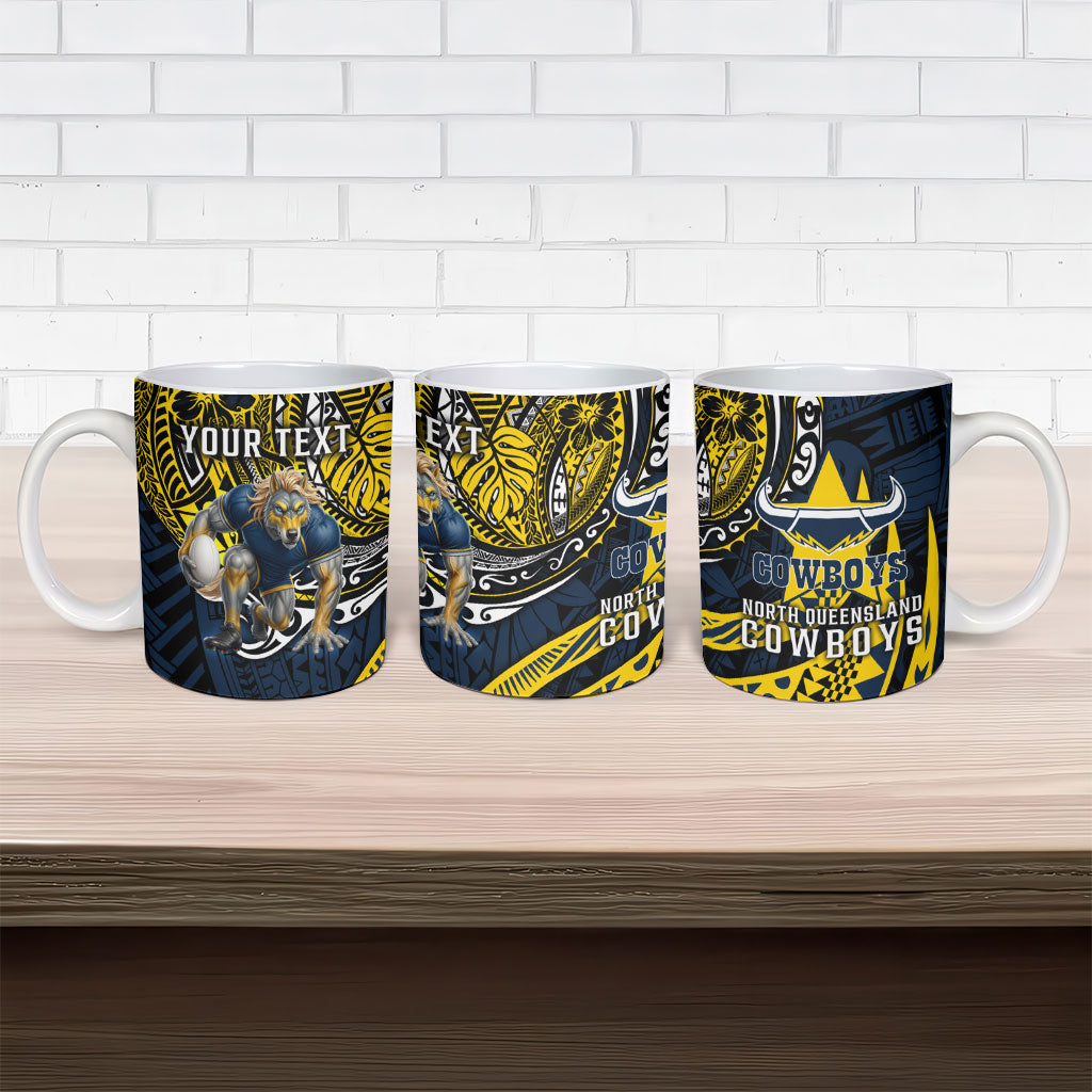 Personalised North Queensland Cowboys Ceramic Mug Polynesian Tribal Art Style With Powerful Blue Heeler Mascot