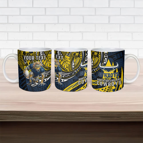 Personalised North Queensland Cowboys Ceramic Mug Polynesian Tribal Art Style With Powerful Blue Heeler Mascot