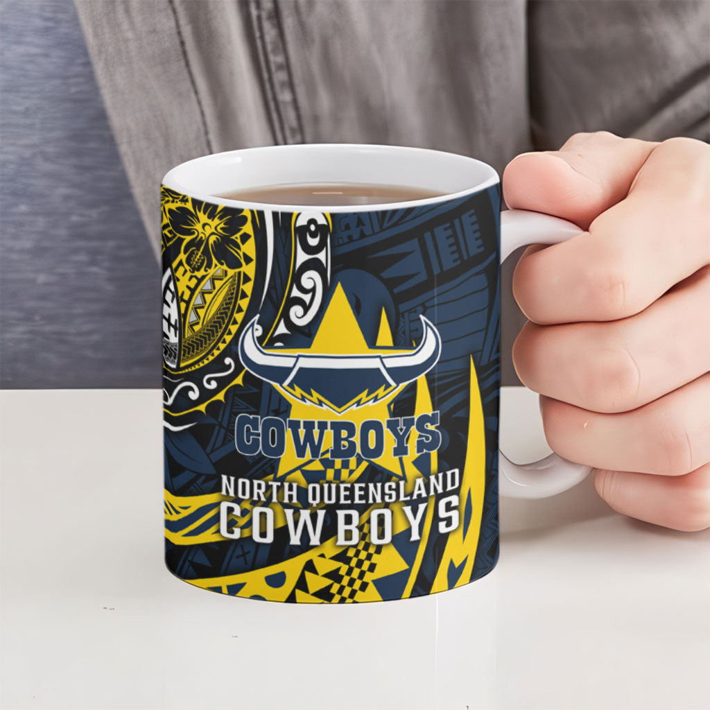 Personalised North Queensland Cowboys Ceramic Mug Polynesian Tribal Art Style With Powerful Blue Heeler Mascot