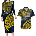 Personalised North Queensland Cowboys Couples Matching Long Sleeve Bodycon Dress and Hawaiian Shirt Polynesian Tribal Art Style With Powerful Blue Heeler Mascot