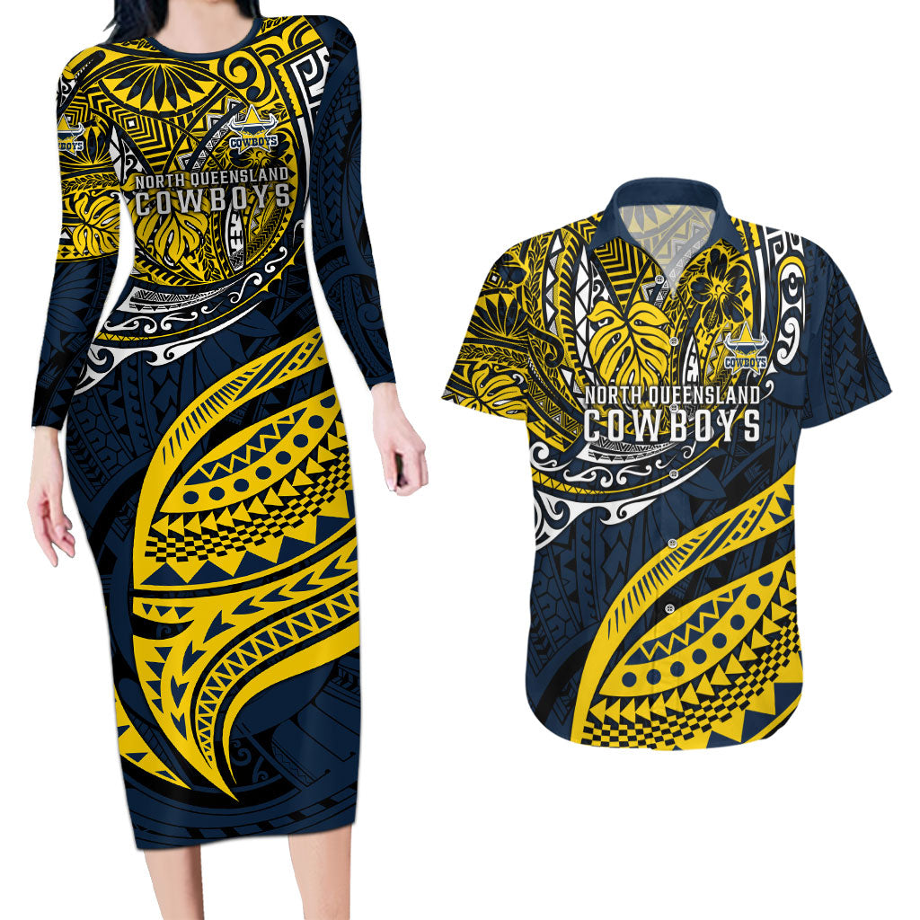 Personalised North Queensland Cowboys Couples Matching Long Sleeve Bodycon Dress and Hawaiian Shirt Polynesian Tribal Art Style With Powerful Blue Heeler Mascot