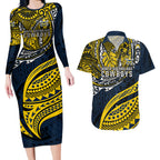 Personalised North Queensland Cowboys Couples Matching Long Sleeve Bodycon Dress and Hawaiian Shirt Polynesian Tribal Art Style With Powerful Blue Heeler Mascot