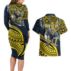 Personalised North Queensland Cowboys Couples Matching Long Sleeve Bodycon Dress and Hawaiian Shirt Polynesian Tribal Art Style With Powerful Blue Heeler Mascot