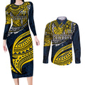 Personalised North Queensland Cowboys Couples Matching Long Sleeve Bodycon Dress and Long Sleeve Button Shirt Polynesian Tribal Art Style With Powerful Blue Heeler Mascot