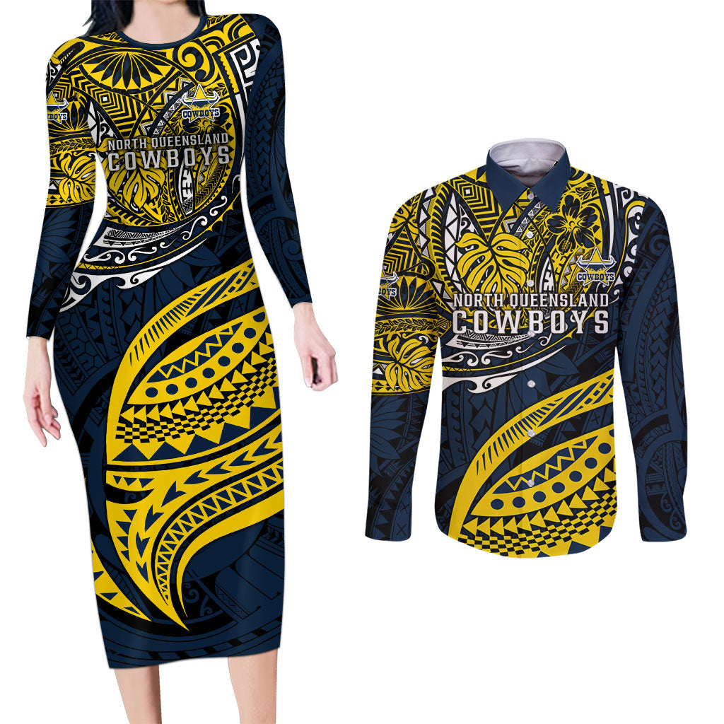 Personalised North Queensland Cowboys Couples Matching Long Sleeve Bodycon Dress and Long Sleeve Button Shirt Polynesian Tribal Art Style With Powerful Blue Heeler Mascot