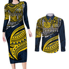 Personalised North Queensland Cowboys Couples Matching Long Sleeve Bodycon Dress and Long Sleeve Button Shirt Polynesian Tribal Art Style With Powerful Blue Heeler Mascot