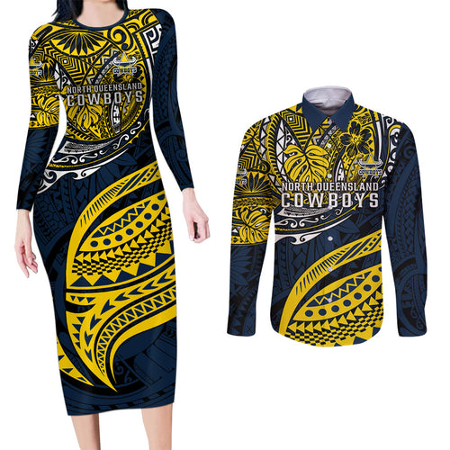 Personalised North Queensland Cowboys Couples Matching Long Sleeve Bodycon Dress and Long Sleeve Button Shirt Polynesian Tribal Art Style With Powerful Blue Heeler Mascot