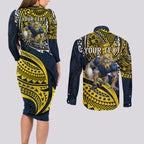 Personalised North Queensland Cowboys Couples Matching Long Sleeve Bodycon Dress and Long Sleeve Button Shirt Polynesian Tribal Art Style With Powerful Blue Heeler Mascot