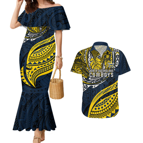 Personalised North Queensland Cowboys Couples Matching Mermaid Dress and Hawaiian Shirt Polynesian Tribal Art Style With Powerful Blue Heeler Mascot