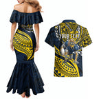 Personalised North Queensland Cowboys Couples Matching Mermaid Dress and Hawaiian Shirt Polynesian Tribal Art Style With Powerful Blue Heeler Mascot