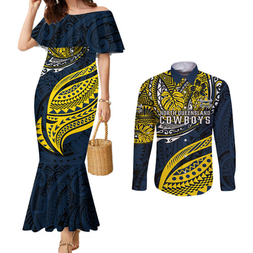 Personalised North Queensland Cowboys Couples Matching Mermaid Dress and Long Sleeve Button Shirt Polynesian Tribal Art Style With Powerful Blue Heeler Mascot