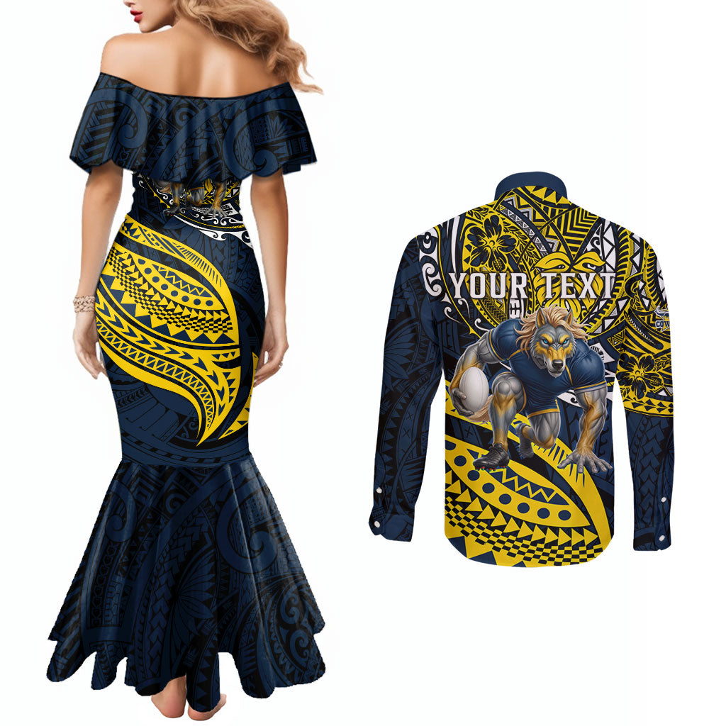 Personalised North Queensland Cowboys Couples Matching Mermaid Dress and Long Sleeve Button Shirt Polynesian Tribal Art Style With Powerful Blue Heeler Mascot