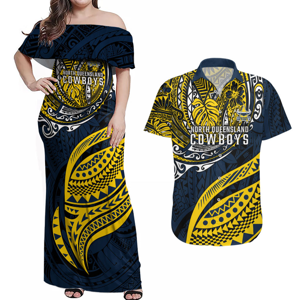 Personalised North Queensland Cowboys Couples Matching Off Shoulder Maxi Dress and Hawaiian Shirt Polynesian Tribal Art Style With Powerful Blue Heeler Mascot