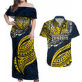 Personalised North Queensland Cowboys Couples Matching Off Shoulder Maxi Dress and Hawaiian Shirt Polynesian Tribal Art Style With Powerful Blue Heeler Mascot