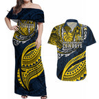 Personalised North Queensland Cowboys Couples Matching Off Shoulder Maxi Dress and Hawaiian Shirt Polynesian Tribal Art Style With Powerful Blue Heeler Mascot