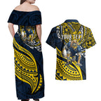 Personalised North Queensland Cowboys Couples Matching Off Shoulder Maxi Dress and Hawaiian Shirt Polynesian Tribal Art Style With Powerful Blue Heeler Mascot