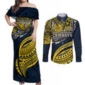 Personalised North Queensland Cowboys Couples Matching Off Shoulder Maxi Dress and Long Sleeve Button Shirt Polynesian Tribal Art Style With Powerful Blue Heeler Mascot