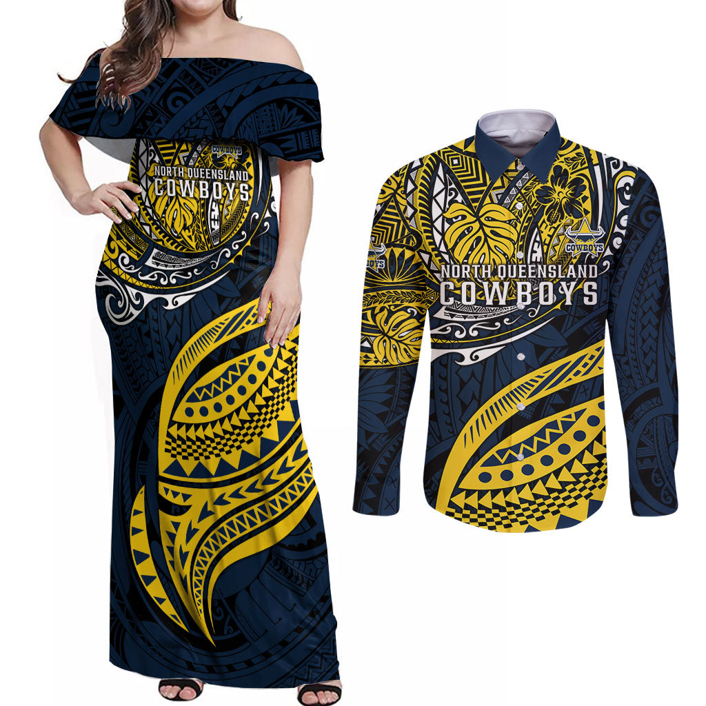 Personalised North Queensland Cowboys Couples Matching Off Shoulder Maxi Dress and Long Sleeve Button Shirt Polynesian Tribal Art Style With Powerful Blue Heeler Mascot