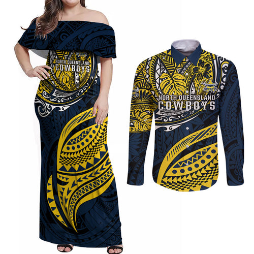 Personalised North Queensland Cowboys Couples Matching Off Shoulder Maxi Dress and Long Sleeve Button Shirt Polynesian Tribal Art Style With Powerful Blue Heeler Mascot