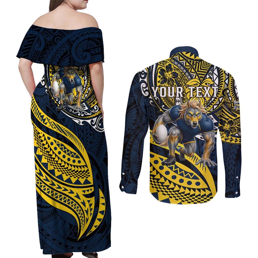 Personalised North Queensland Cowboys Couples Matching Off Shoulder Maxi Dress and Long Sleeve Button Shirt Polynesian Tribal Art Style With Powerful Blue Heeler Mascot