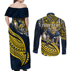Personalised North Queensland Cowboys Couples Matching Off Shoulder Maxi Dress and Long Sleeve Button Shirt Polynesian Tribal Art Style With Powerful Blue Heeler Mascot