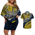 Personalised North Queensland Cowboys Couples Matching Off Shoulder Short Dress and Hawaiian Shirt Polynesian Tribal Art Style With Powerful Blue Heeler Mascot
