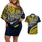 Personalised North Queensland Cowboys Couples Matching Off Shoulder Short Dress and Hawaiian Shirt Polynesian Tribal Art Style With Powerful Blue Heeler Mascot