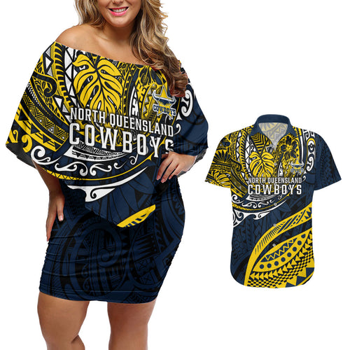 Personalised North Queensland Cowboys Couples Matching Off Shoulder Short Dress and Hawaiian Shirt Polynesian Tribal Art Style With Powerful Blue Heeler Mascot