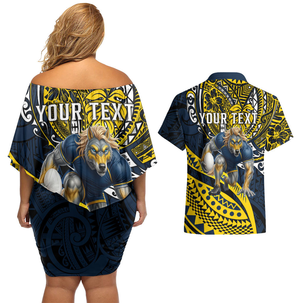 Personalised North Queensland Cowboys Couples Matching Off Shoulder Short Dress and Hawaiian Shirt Polynesian Tribal Art Style With Powerful Blue Heeler Mascot