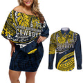 Personalised North Queensland Cowboys Couples Matching Off Shoulder Short Dress and Long Sleeve Button Shirt Polynesian Tribal Art Style With Powerful Blue Heeler Mascot