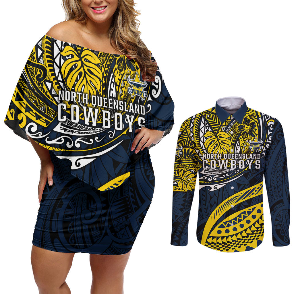 Personalised North Queensland Cowboys Couples Matching Off Shoulder Short Dress and Long Sleeve Button Shirt Polynesian Tribal Art Style With Powerful Blue Heeler Mascot