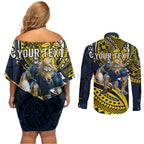 Personalised North Queensland Cowboys Couples Matching Off Shoulder Short Dress and Long Sleeve Button Shirt Polynesian Tribal Art Style With Powerful Blue Heeler Mascot
